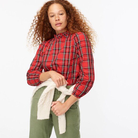 JCrew J. Crew ruffleneck top festive plaid stewart tartan #AU285 size 0 2 XS - Picture 1 of 12